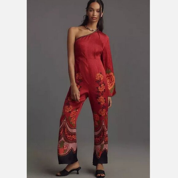NEW Farm Rio x Anthropologie One-Shoulder Printed Satin Jumpsuit Size XS Red NWT